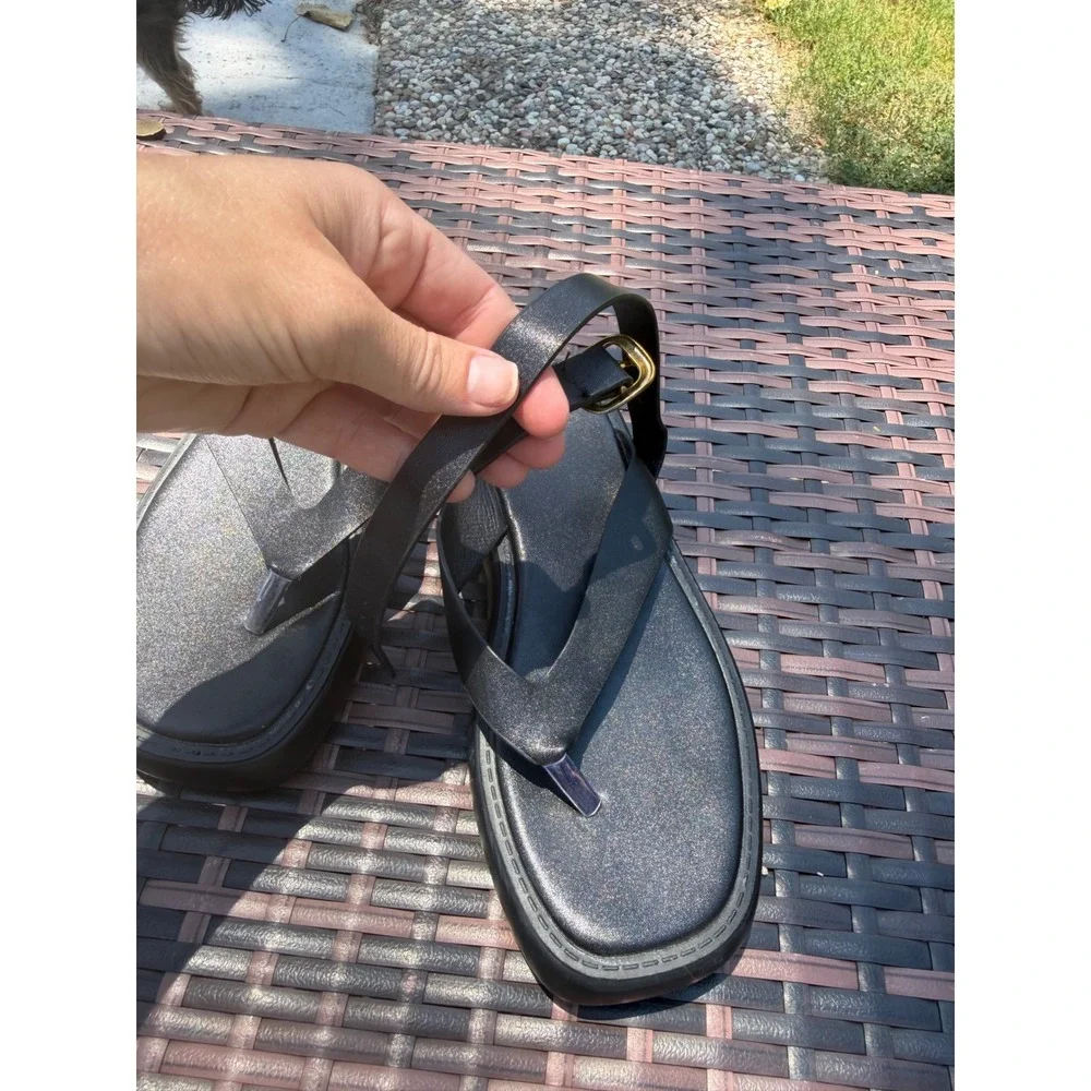 Black Iridescent Shimmer Platform Thong Sandals Ankle Strap Buckle EU 39 Womens